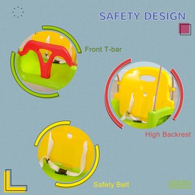 Outsunny Huśtawka dla dzieci 3-w-1 regulowana, z oparciem, pasem bezpieczeństwa, dla dzieci 9-36 miesięcy, zielona | Aosom PL