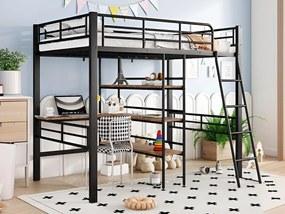 Łóżko mezzanine 90x200cm - z biurkiem i półkami na przechowywanie - Czarne