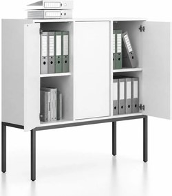 Szafa biurowa FRAME, niska, czarna podstawa, 3x drzwi, 1299 x 450 x 1331 mm, PUSH-lock, biały