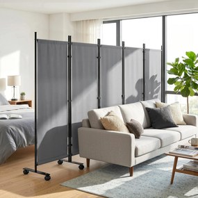 Outsunny Parawan 5-częściowy 252 x 40 cm Wolnostojący z 12 Kółkami Składany Przegroda DIY Ciemnoszary | Aosom PL