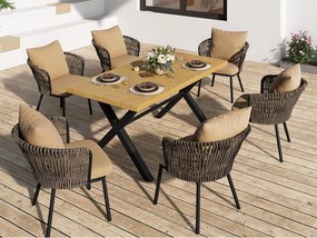Zestaw jadalniany ogrodowy na 6 osób, stół jadalniany z żelaza, konstrukcja z żelaza ocynkowanego, 6 krzesła rattanowe, Naturalny