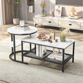 Zestaw 2 składanych stolików kawowych, stolik składany z wzorem marmuru, czarna metalowa rama