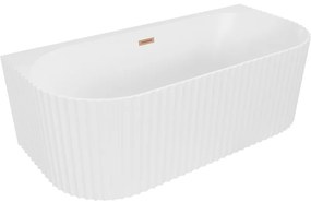 Mexen Sella wanna wolnostojąca przyścienna ryflowana 150 x 75 cm, biała mat, przelew miedź szczotkowana - 52711507501-65