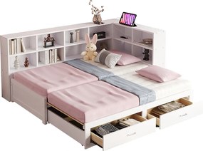 Kanapa rozkładana z litego drewna 90x190 cm - z łóżkiem wysuwanym - z przegródką do przechowywania - z 2 szufladami - biały