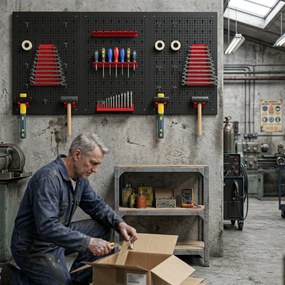 HOMCOM System przechowywania, tablica narzędziowa 60 x 40 cm, 28 elementów, z haczykami i półkami, czerwono-czarny | Aosom PL