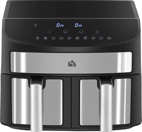 HOMCOM Frytkownica na gorące powietrze 8L z podwójną komorą, Airfryer z 10 programami, 2400 W frytkownica na gorące powietrze z ekranem dotykowym, przepisami, bez oleju, czarna