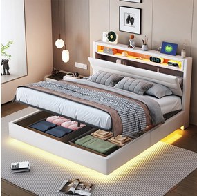 Podwójne tapicerowane łóżko ze schowkiem - 140 x 200 cm - Hydrauliczny schowek - z portem USB + diodami LED + odwracalny zagłówek - len - beżowy