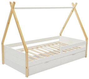 Łóżko tipi 90 x 190 cm z szufladami - Drewno sosnowe i MDF - Biały i naturalny - LUANCO