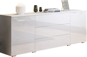 Komoda 150 cm do salonu – nowoczesna komoda z szufladami i szafkami, korpus biały mat i fronty biały połysk