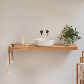Zestaw Mebli Łazienkowych 130x45 Cm Wiszący Z Drewna Tekowego Neill Drewno Tekowe & Okrągły Ceramiczny Biały Ø40 Cm Lenka & Bezlusterkowiec & Czarny M
