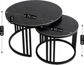 Zestaw Stolików Kawowych JERRY Czarny Marmur/Czarny do Salonu Nowoczesny