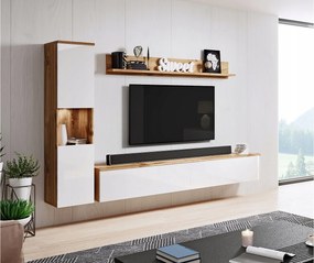 Nowoczesna meblościanka 3-elem. do salonu, korpus wotan, fronty biały połysk, słupek i szafka RTV 180 cm