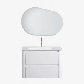 Zestaw Mebli Łazienkowych Z Drewna Z Wbudowaną Umywalką Egerton Biała & Owalna Lampa Led I Przeciwmgielna 100x65 Cm Meunier - Sklum