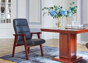 Krzesło gabinetowe z podłokietnikami Progress, tapicerowane skórą ekologiczną. Klasyczne meble konferencyjne z kolekcji Prestige. Wysoka jakość wykonania w dobrej cenie.