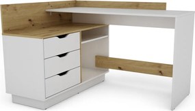 Biurko narożne z kontenerkiem Filo 2, kolor biały mat/dąb artisan, 129 cm