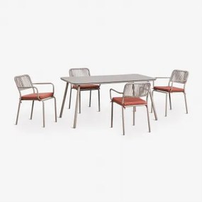 Zestaw Stołu Prostokątnego 160x90 Cm I 4 Sztaplowanych Krzeseł Jadalnianych Z Plecionej Liny Arhiza Brązowy Moka - Terakota - Sklum