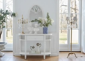 Biała konsola do przedpokoju / konsola do salonu Georgiana, wymiary 120x43x80 cm. Konsola z szufladą i półkami, styl angielski.