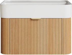 Wisząca szafka łazienkowa z prążkowanego drewna jesionowego z umywalką podblatową do zabudowy z matowej białej żywicy - Jasny naturalny - 60 cm - BULMAS