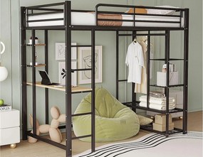 Oświetlona antresola 90x200 cm - ze stołem - z miejscami do przechowywania - z drabiną - czarny (bez materaca)