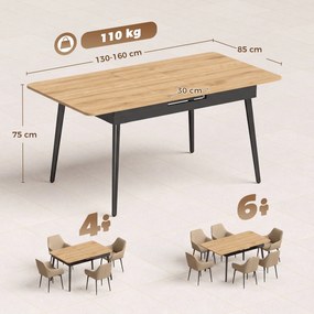 HOMCOM Rozkładany stół 130-160 cm, stół kuchenny z zaokrąglonymi rogami, Dąb | Aosom PL