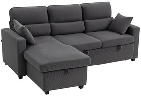 HOMCOM Regulowana sofa rozkładana w kształcie L, narożna sofa dla gości z funkcją łóżka, schowkiem, poduszkami, do salonu, pokoju gościnnego, szara