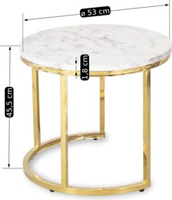 Zestaw Stolików Kawowych OLIS 43 cm/53 cm Biały Marmur Złoty do Salonu Glamour
