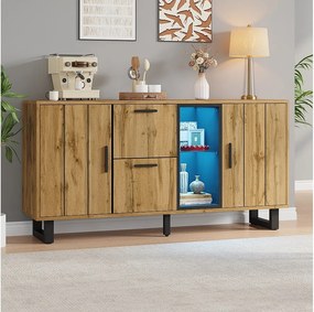 Komoda do salonu - 160 x 40 x 73 cm - z 2 szufladami + LED + 2 drzwi + półka - MDF - naturalny + czarny