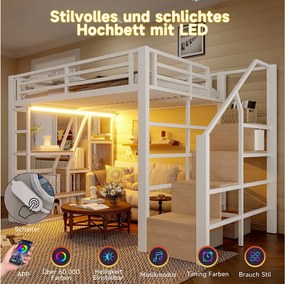 Podświetlana antresola z metalu - 140 x 200 cm - z płytą kuchenną + blatem kuchennym + diodami LED - MDF + metal - biała