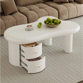 Nieregularny kształt stolika kawowego, biały stolik kawowy z 2 szufladami do przechowywania, do salonu i biura