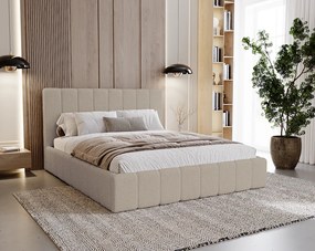 BESILIO Sypialnia łóżko slim 180x200 Lexy - stelaż metalowy, pojemnik na pościel, slim łóżko, tkanina boucle - Beżowy