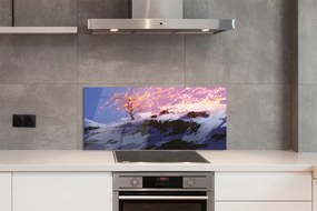 Panel szklany do Kuchni Zimowy Krajobraz z Drzewem i Górami