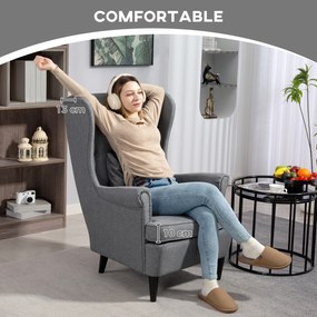 HOMCOM Fotel z podnóżkiem, z nogami z drewna kauczukowego, pokrycie materiałowe, szary