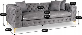 Sofa SORRENTO 3S Trzyosobowa Szara Welurowa Glamour