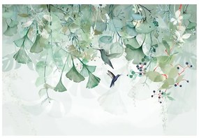 Tapeta zielone liście z kolibrami