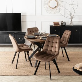 Zestaw Stół Okrągły Rozkładany LUKAS 100-250 cm Dąb Rustykalny/Czarny i 4 Krzesła Tapicerowane RICK Brązowe Welurowe Nowoczesne