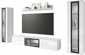 Nowoczesna meblościanka do salonu – 2 witryny i szafka RTV 180, korpus biały mat fronty biały połysk