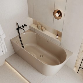 Wanna wolnostojąca narożna WALL White Glow / Matt lewa z konglomeratu biała błyszcząca/matowa 160 x 75 cm z przelewem typu SLIM : Kolor wanny - Beż połysk