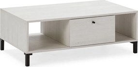 Stolik kawowy Colummn Javea z 1 szufladą i 2 półkami, kolor biały i drewno, szerokość 100 cm.