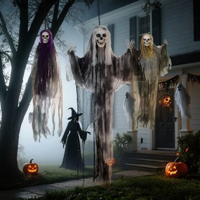 HOMCOM Wiszące Duchy-Szkielety, Zestaw 3 szt., Dekoracja na Halloween, Regulowane Ramiona, 150cm