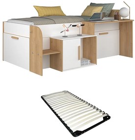 Łóżko piętrowe 90 x 200 cm z biurkiem i półkami - Biały i naturalny + Stelaż - PEDRO