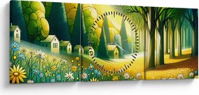 Obraz - Wieś w żółto-zielonym (z zegarem) (90x30 cm)