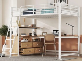 Łóżko mezzanine 140x200cm - biurko narożne z szufladami - z MDF i metalu - Białe