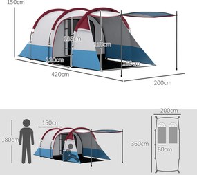 Outsunny Namiot dla 3 osób, z hakiem na latarnię, trzy wejścia, wodoodporny, Czerwony
