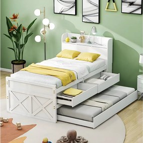 Łóżko wysuwane 90x190 cm - białe - łóżko pojedyncze z ładowarką USB - 2 szuflady - bez materaca