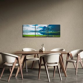 Obraz jeziora z górami (z zegarem) (90x30 cm)