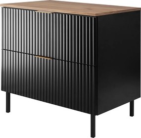 Szafka pod umywalkę, czarna, dąb Craft + złoty uchwyt, 80 x 77 x 46 cm, czarne nogi + blat