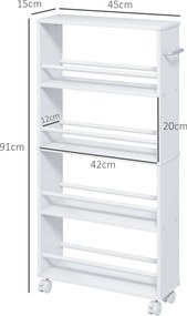 HOMCOM Regał wielofunkcyjny na kółkach, wąski, 4 półki, 45x15x91 cm, Biały