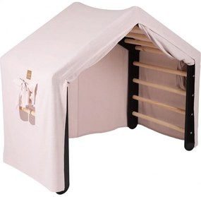 Duży domek z drabinką dla dzieci 112x61x94 cm składaną do pokoju. drewno, len, wiskoza, różowy domek, czarna drabinka. - meowbaby®