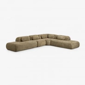 Sofa Modułowy Narożny 4-częściowy Z Podwójnym Szezlongiem Z Tkaniny Chenilla, Pakowany Próżniowo Merida Szenila Gruba Szałwiowa Zieleń - Sklum