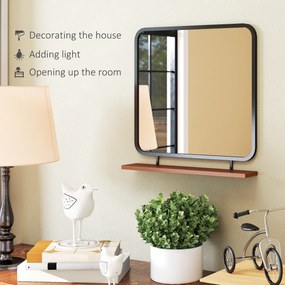 HOMCOM Lustro ścienne z półką, design vintage, metalowa rama, drewno paulowni, 55 x 55,5 cm, Czarne/Drewno